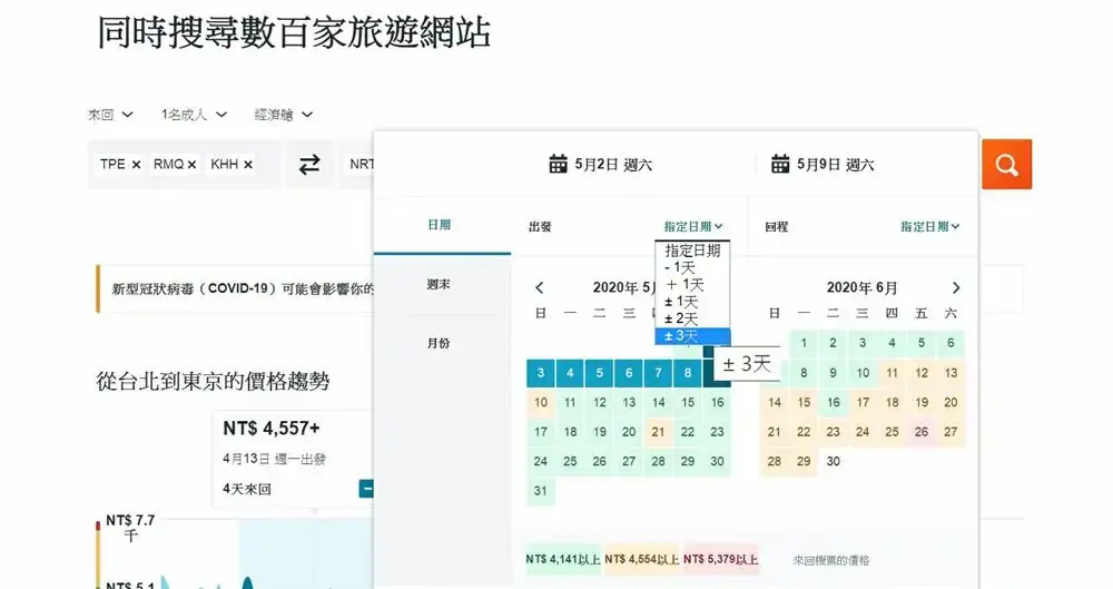 彈性出發時間搜尋機票價格
