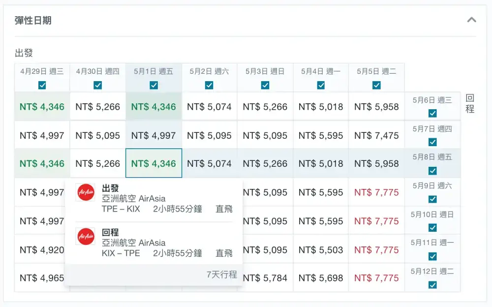 彈性出發時間搜尋機票價格