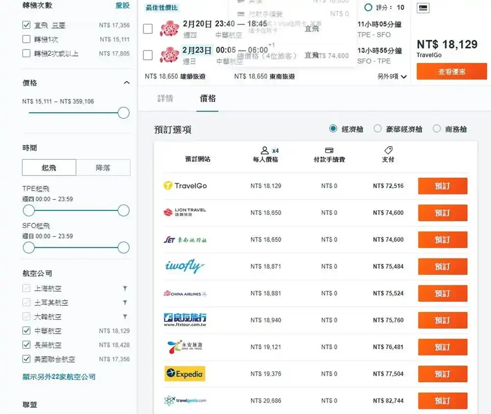 台灣-舊金山-機票比價