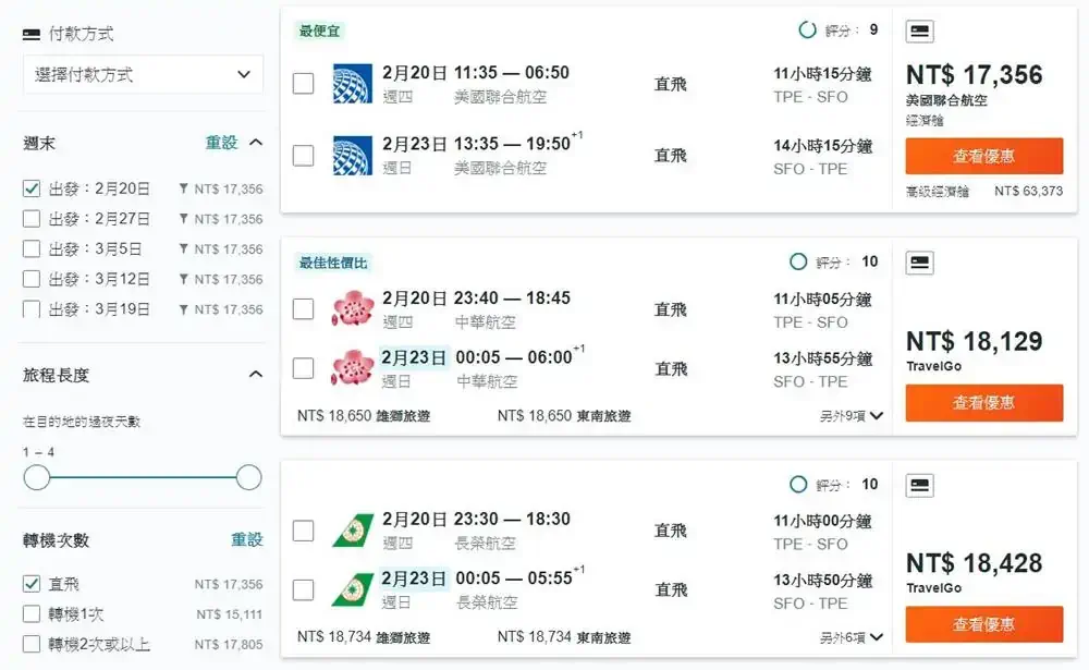 台北-舊金山-機票比價